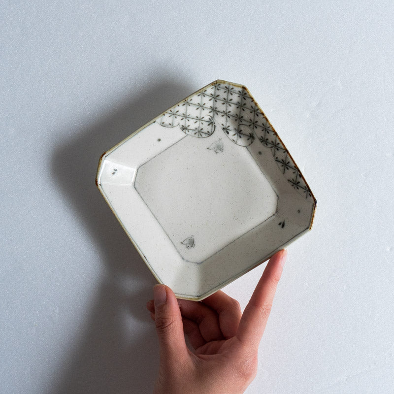 Fukuda Eiichi Annamese Style Small Square Plate (Cloud and Plover Pattern)