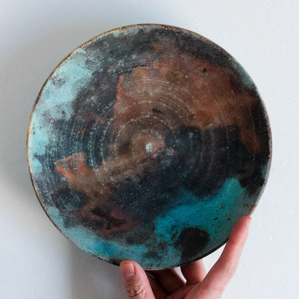 芳賀稔 埋め焼き 青 浅鉢 22cm B