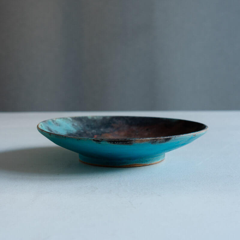 芳賀稔 埋め焼き 青 浅鉢 22cm B