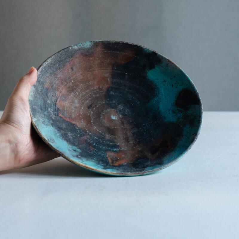 芳賀稔 埋め焼き 青 浅鉢 22cm B