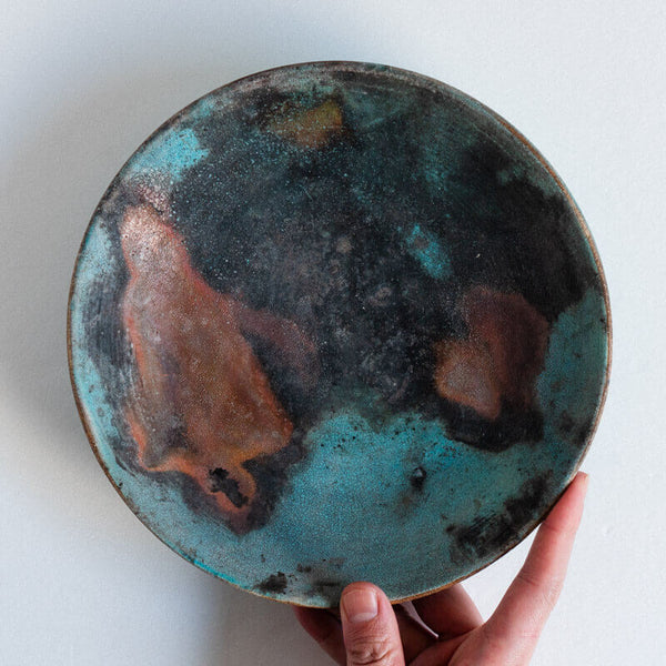 芳賀稔 埋め焼き 青 浅鉢 22cm C