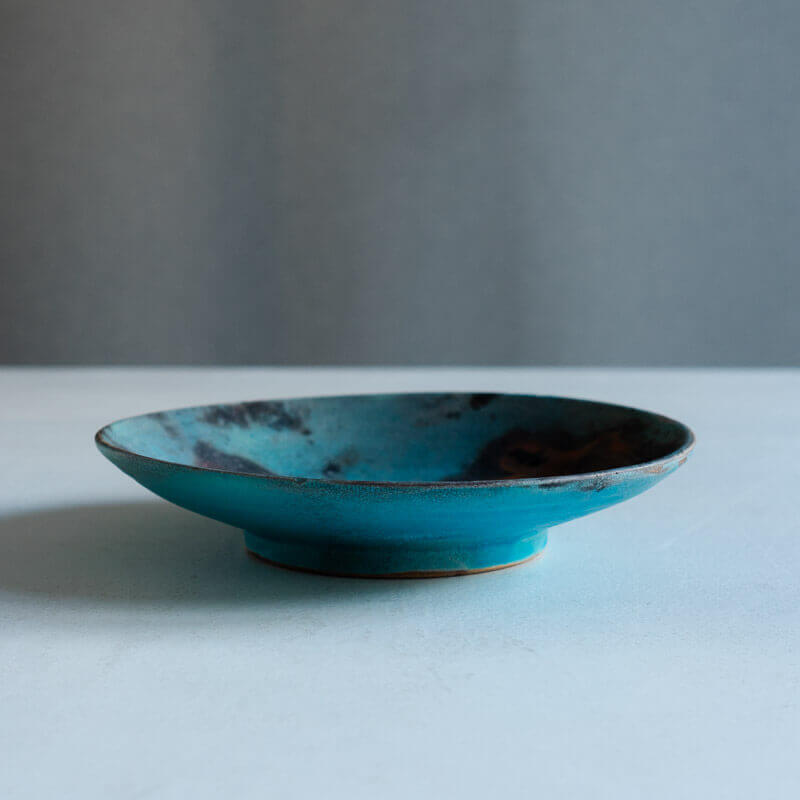 芳賀稔 埋め焼き 青 浅鉢 22cm C