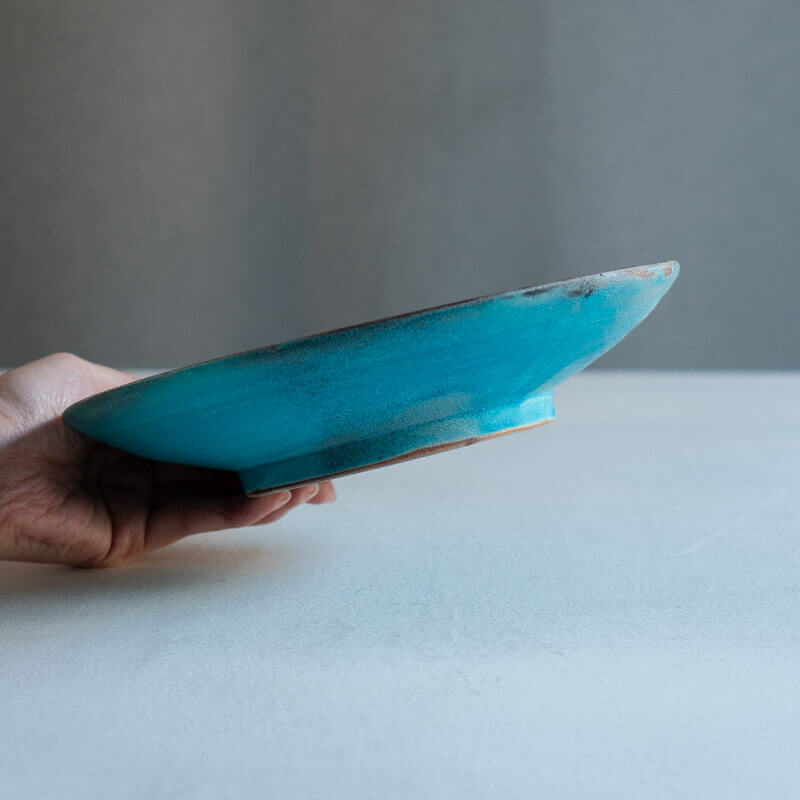 芳賀稔 埋め焼き 青 浅鉢 22cm C – うつわ屋まほろ