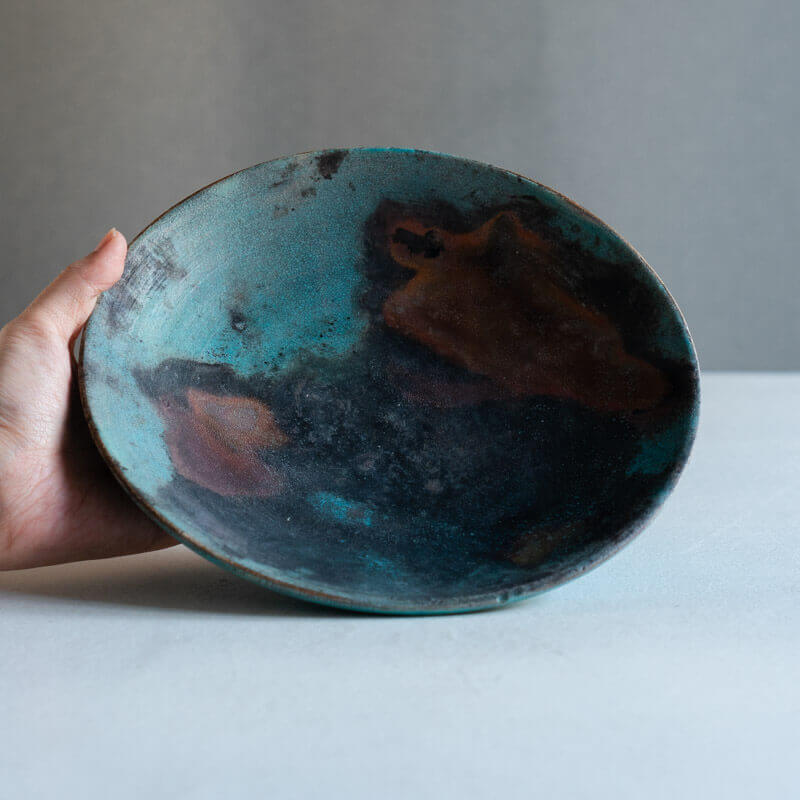 芳賀稔 埋め焼き 青 浅鉢 22cm C
