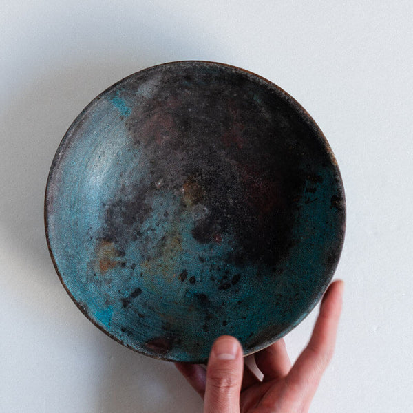 芳賀稔 埋め焼き 青 鉢 20cm A