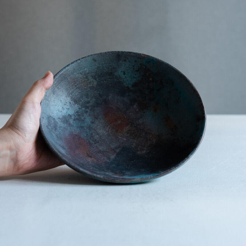 芳賀稔 埋め焼き 青 鉢 20cm C