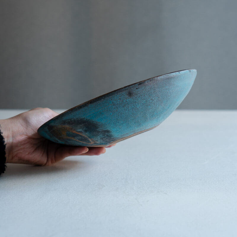 芳賀稔 埋め焼き 青 鉢 20cm D