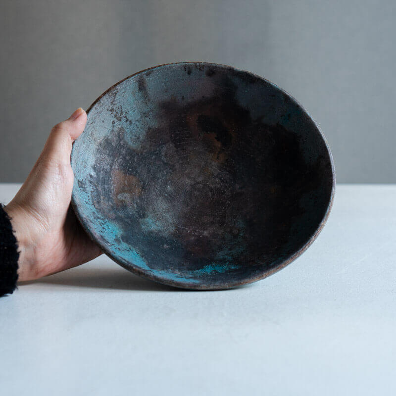 芳賀稔 埋め焼き 青 鉢 20cm D