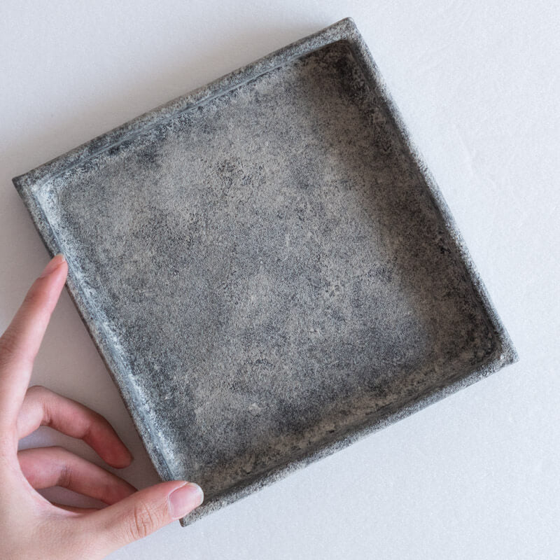 Kajiwara Taeko, White Glaze, Black, Square Plate with Rim, Medium